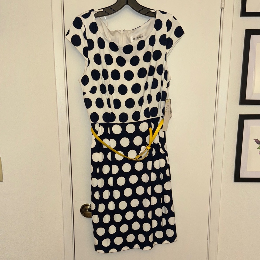 Brand new, STUDIO I-Black/White Polka Dot Dress with Yellow Accent, size 10